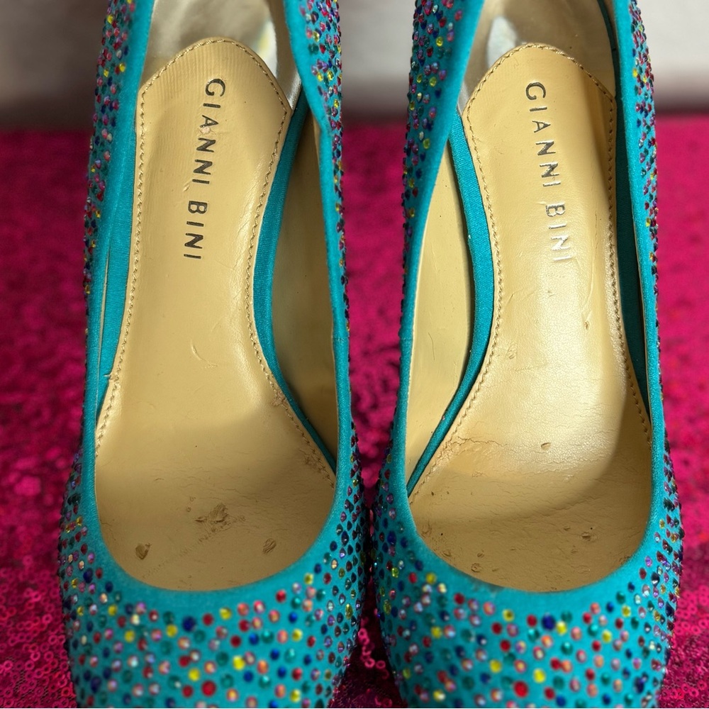 GIANNI BINI 💎Vibrant Blue Rhinestone Stud Platform Stilleto Party Heels (7.5) - Picture 5 of 11